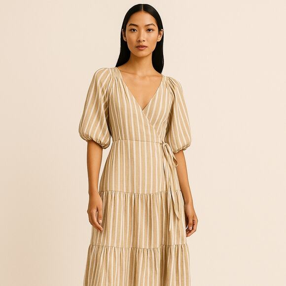 Old Navy Striped Puff Sleeve Smocked Belt v-Neck Tiered Midi Wrap Dress Size XXL - Picture 1 of 6